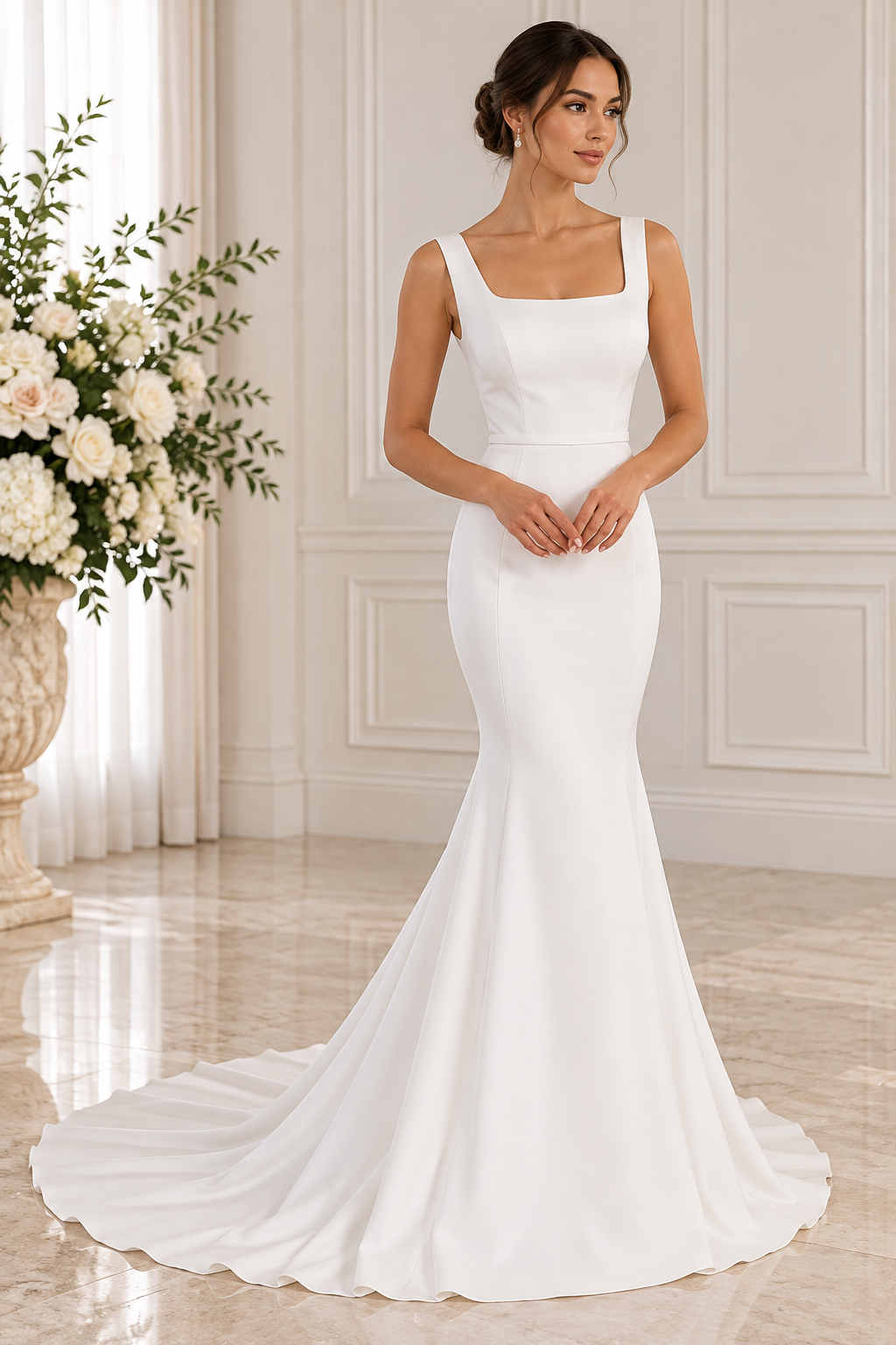 Faith Private Label Wedding Dress: Minimalist Crepe Square Neck Gown – Size 6