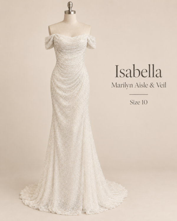 Front view of Marilyn Aisle & Veil Isabella size 10 wedding gown with draped off-the-shoulder neckline and fully beaded fit-and-flare silhouette