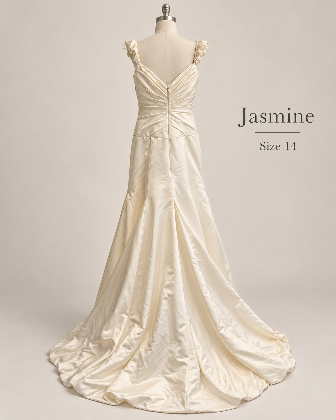 Back view of Jasmine size 14 wedding gown with V-back, ruched satin bodice and sweeping train
