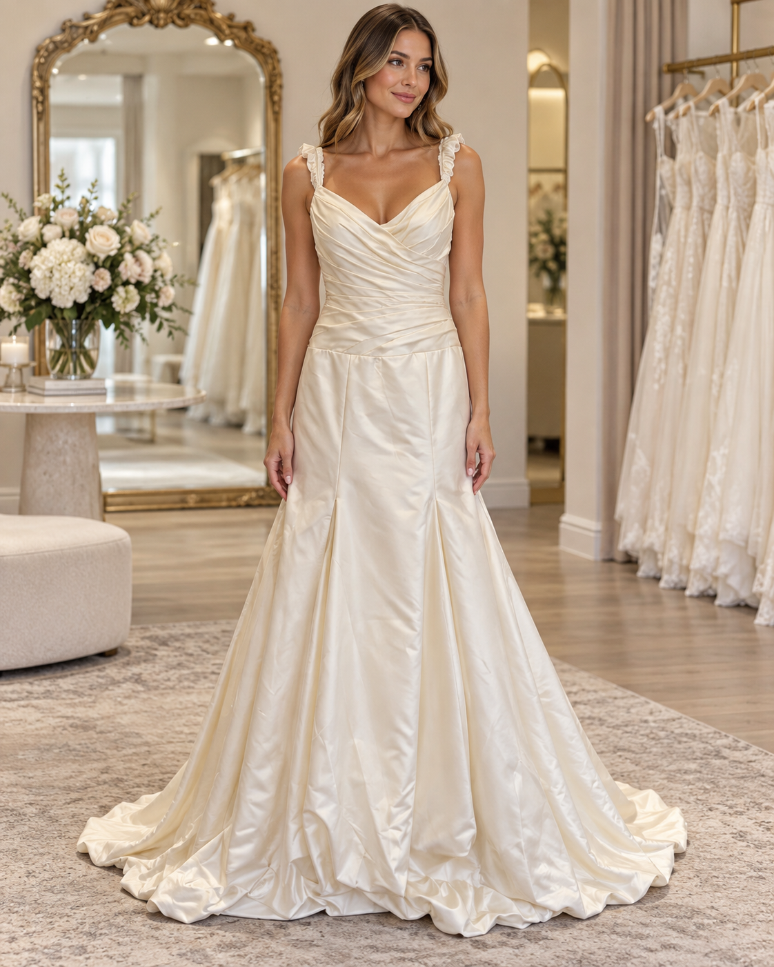 Bride wearing Jasmine size 14 satin wedding dress with V-neckline, ruffled straps and soft fit-and-flare silhouette