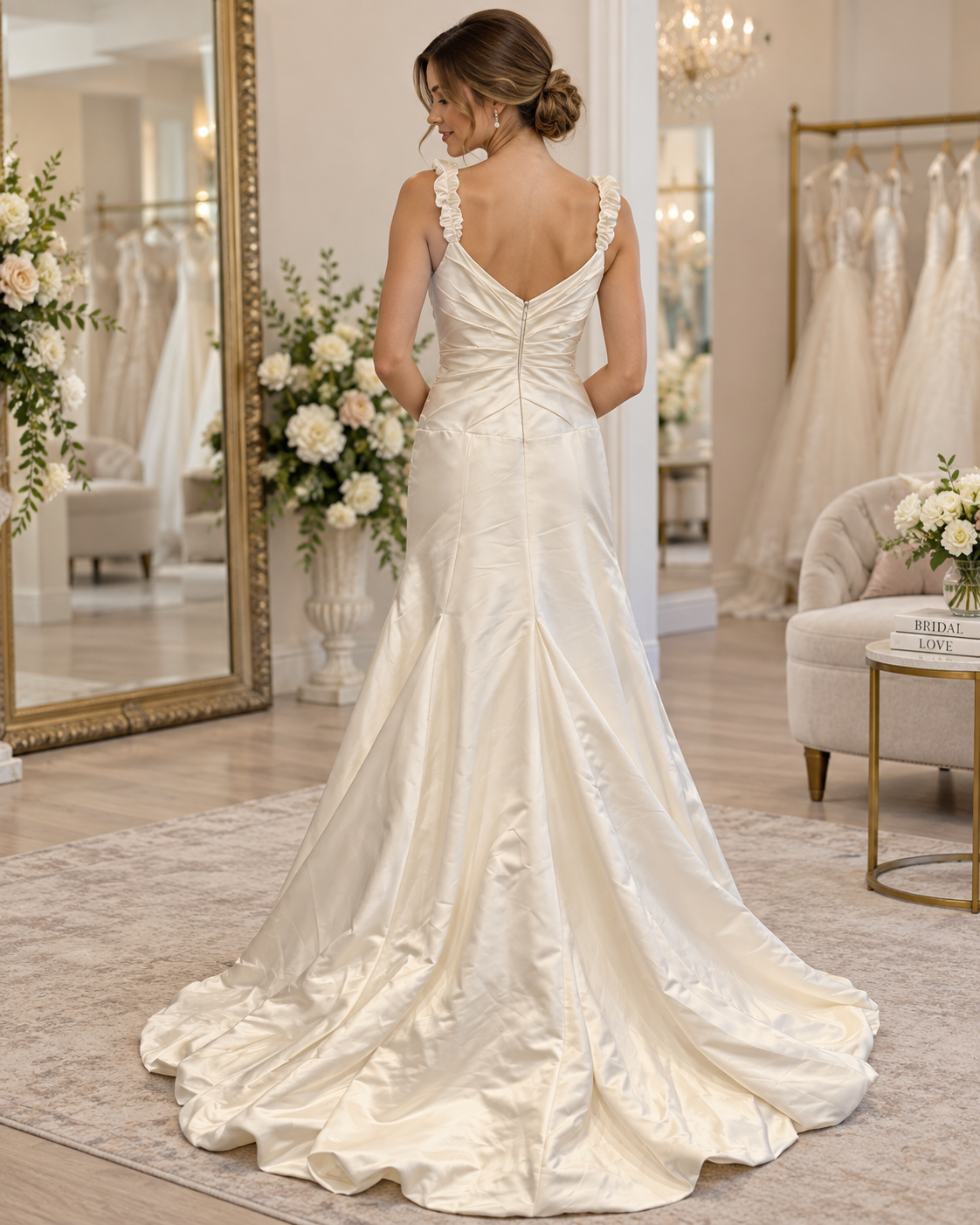 Bride wearing Jasmine size 14 wedding gown showing V-back, fitted ruched waist and elegant satin train