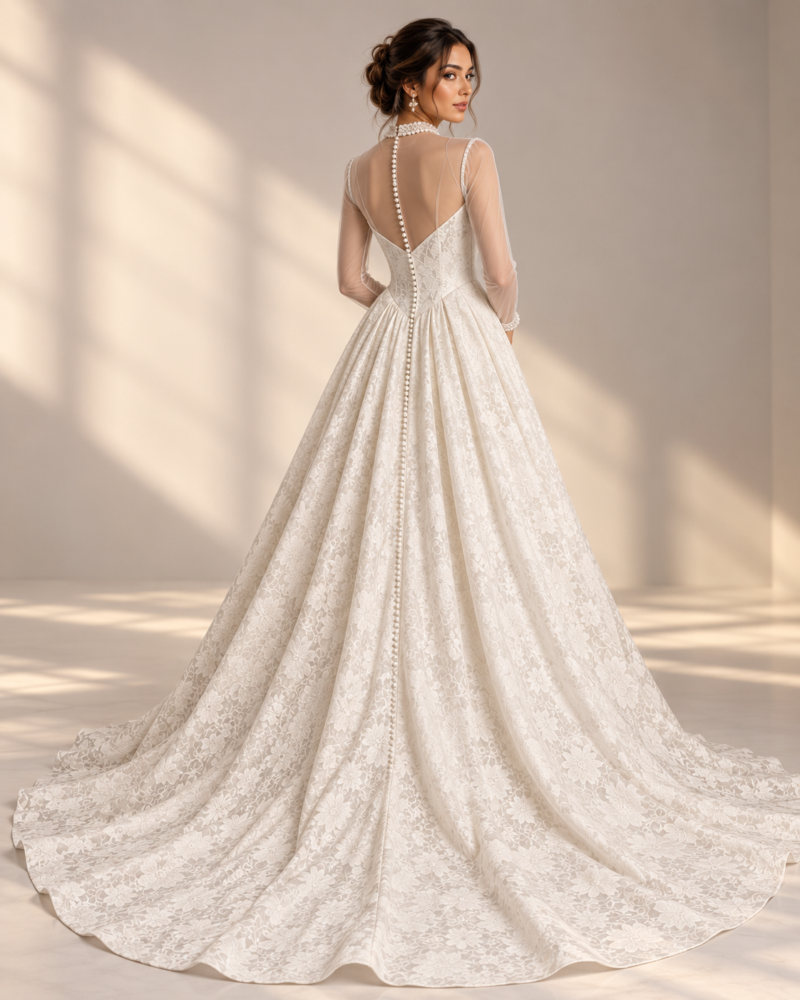 The “Kali” Gown: High-Neck Jacquard Ballgown with Sheer Sleeves & Statement Back - Image 2