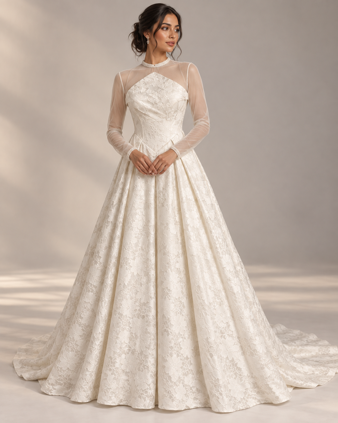 The “Kali” Gown: High-Neck Jacquard Ballgown with Sheer Sleeves & Statement Back