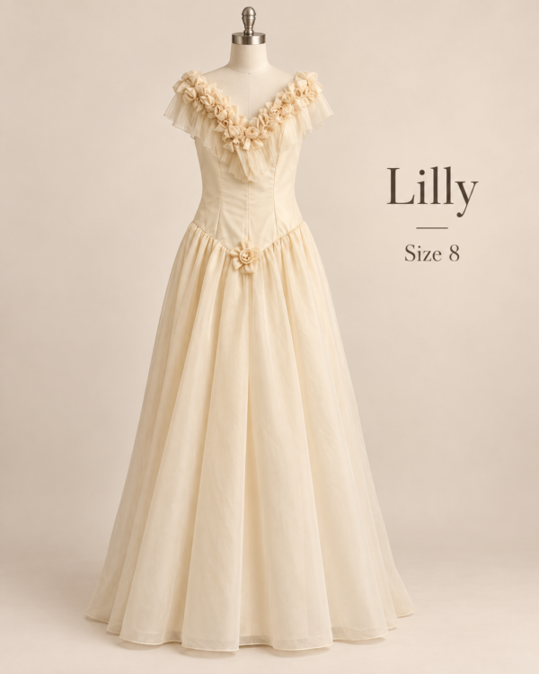 Front mannequin view of Lilly size 8 ivory wedding dress with off-the-shoulder floral neckline and full A-line skirt