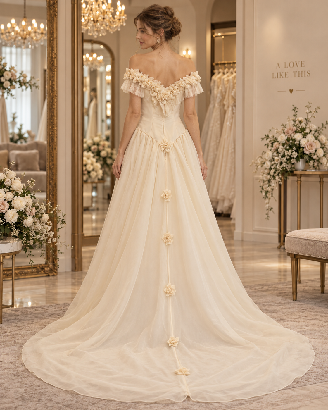 Back view of bride wearing Lilly size 8 wedding gown showing floral V neckline, rosette accents and chapel train
