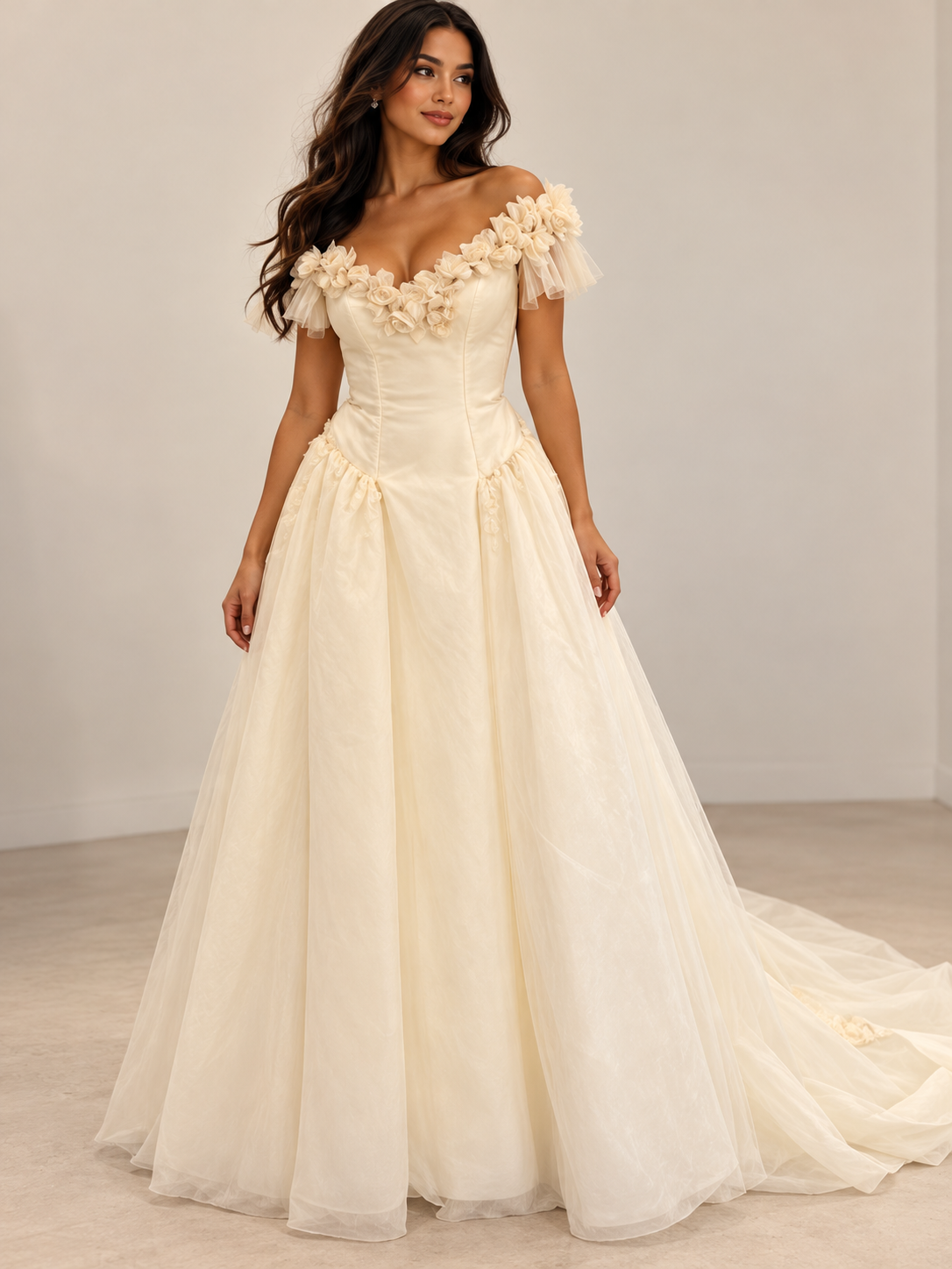 Lilly Wedding Dress: Romantic Off-the-Shoulder Floral Gown with Full Skirt