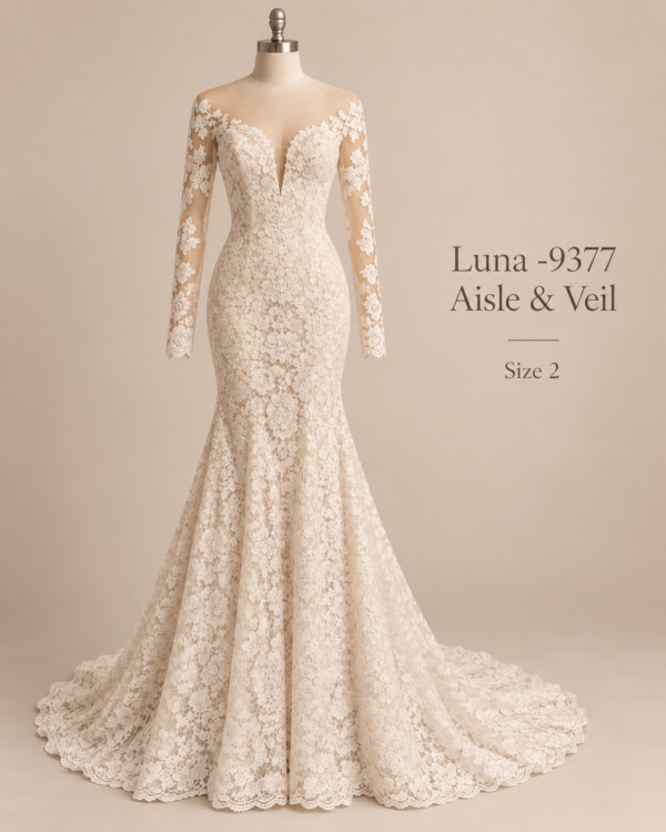ront view of Aisle & Veil Luna 9377 size 2 wedding dress with illusion neckline, long lace sleeves and fitted mermaid silhouette