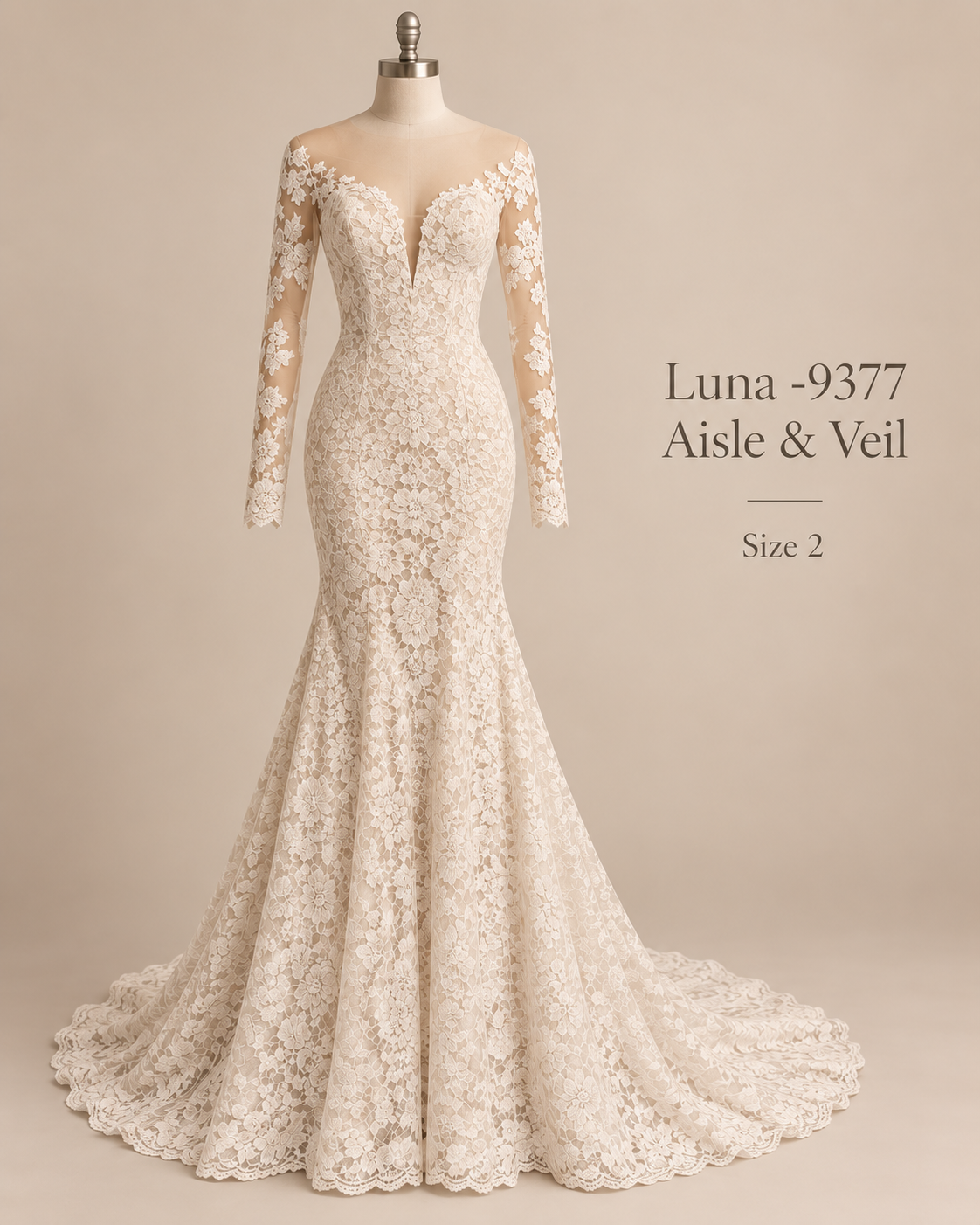 ront view of Aisle & Veil Luna 9377 size 2 wedding dress with illusion neckline, long lace sleeves and fitted mermaid silhouette