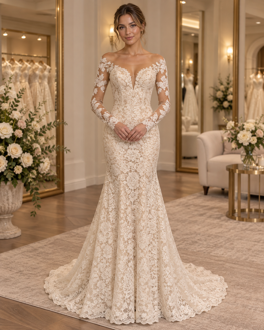 Bride wearing Aisle & Veil Luna 9377 size 2 wedding dress with long illusion lace sleeves and fitted floral lace mermaid skirt