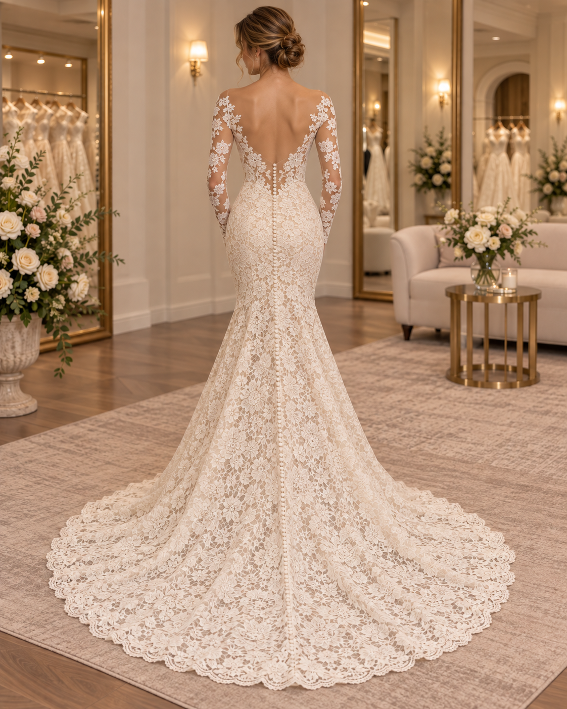 Bride wearing Aisle & Veil Luna 9377 size 2 wedding gown showing deep V-back, button detail and dramatic lace train
