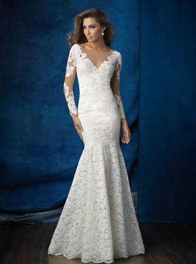 The “Luna” Allure Bridals 9377 Gown: All-Over Lace Mermaid with Illusion Sleeves & a Dramatic V-Back