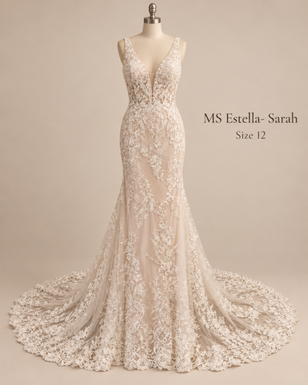 Front view of MS Estella Sarah size 12 wedding gown with plunging V-neckline, floral lace bodice and fitted silhouette