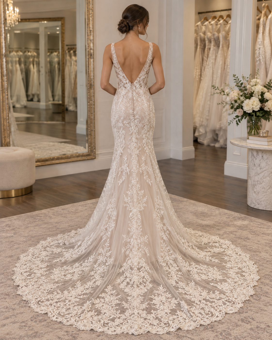 Bride wearing MS Estella Sarah size 12 wedding gown showing deep V-back and extended lace train