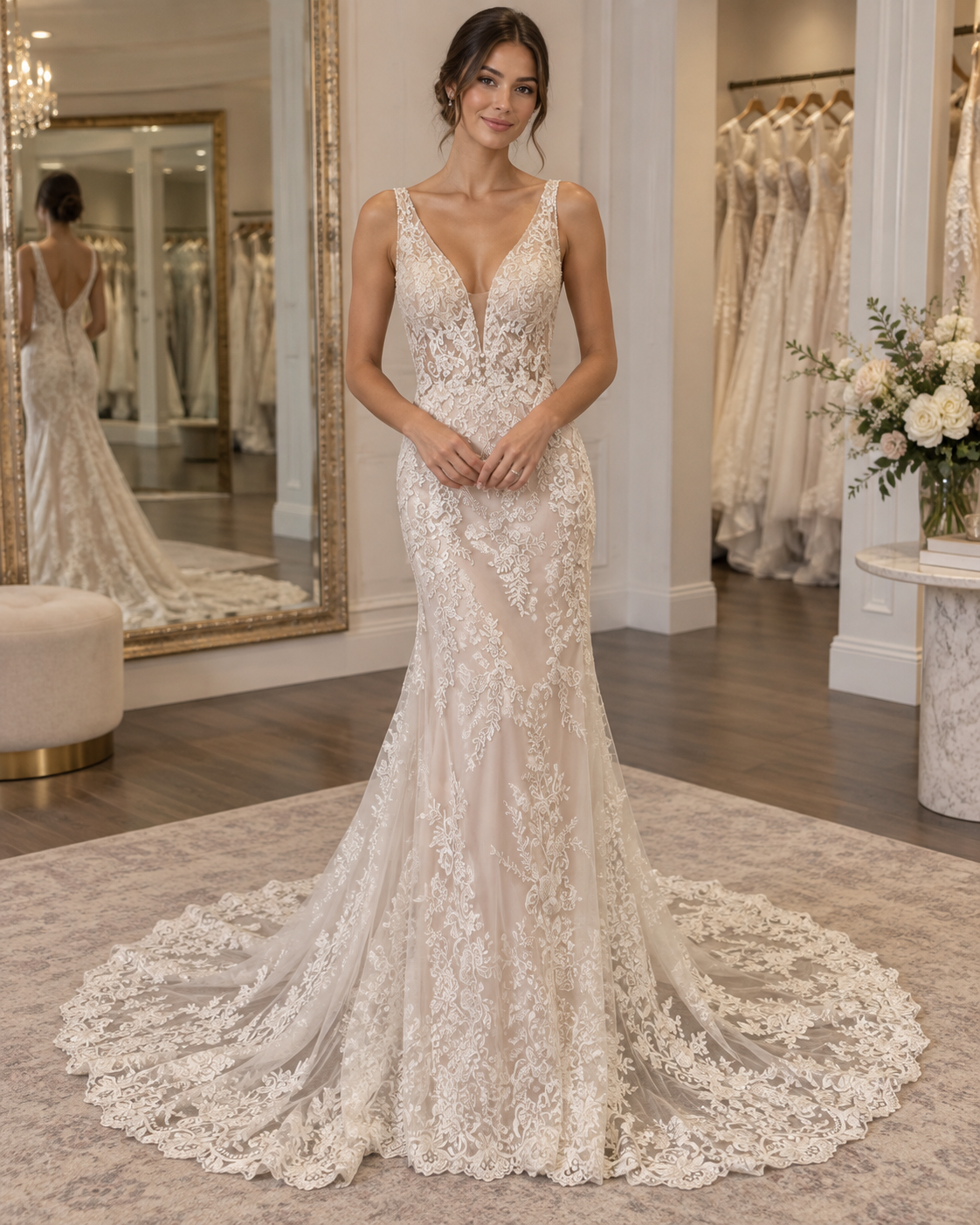 Bride wearing MS Estella Sarah size 12 wedding dress with floral lace bodice, plunging neckline and fit-and-flare skirt