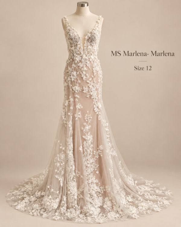 Front view of MS Marlena Marlena size 12 wedding dress with deep V-back, covered buttons and dramatic floral lace train