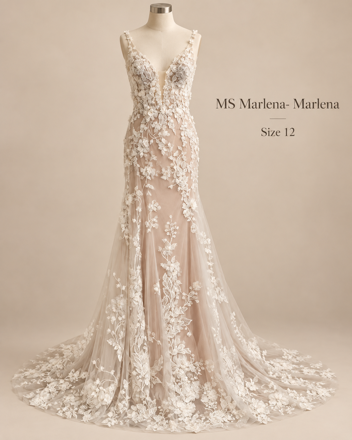 Front view of MS Marlena Marlena size 12 wedding dress with deep V-back, covered buttons and dramatic floral lace train