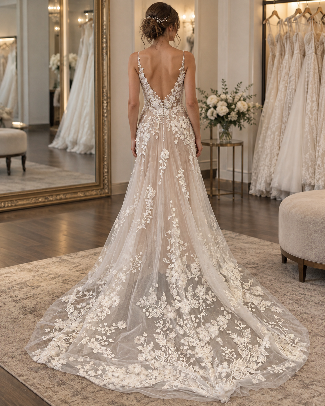 Back view of MS Marlena Marlena size 12 wedding dress with deep V-back, covered buttons and dramatic floral lace train