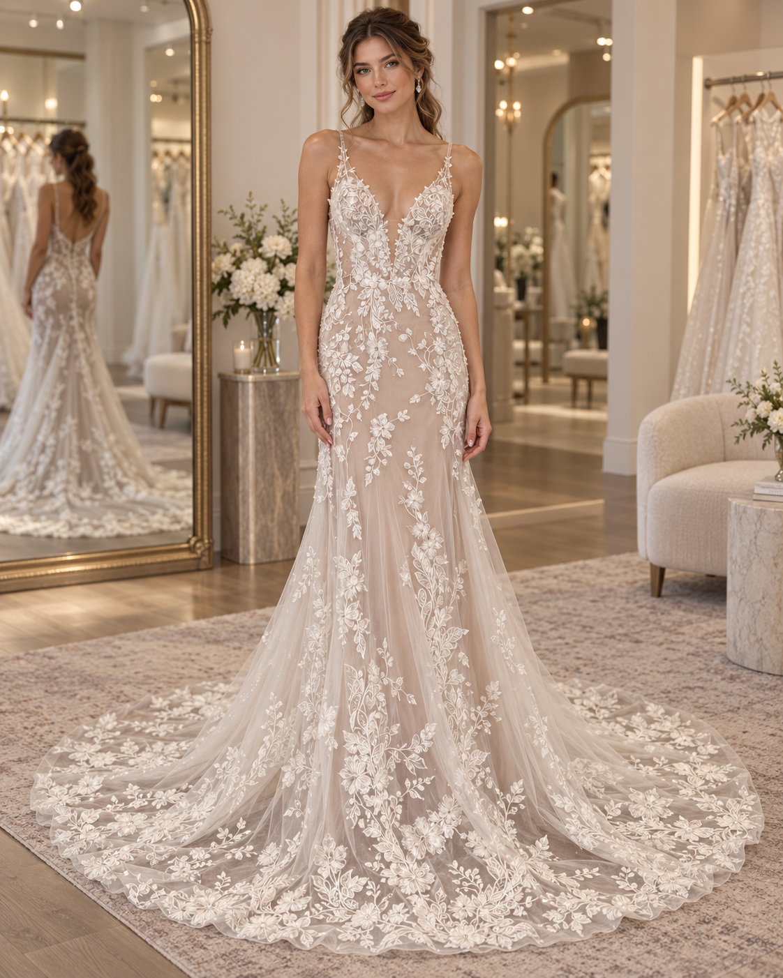 Back view of MS Marlena Marlena size 12 wedding dress with deep V-back, covered buttons and dramatic floral lace train
