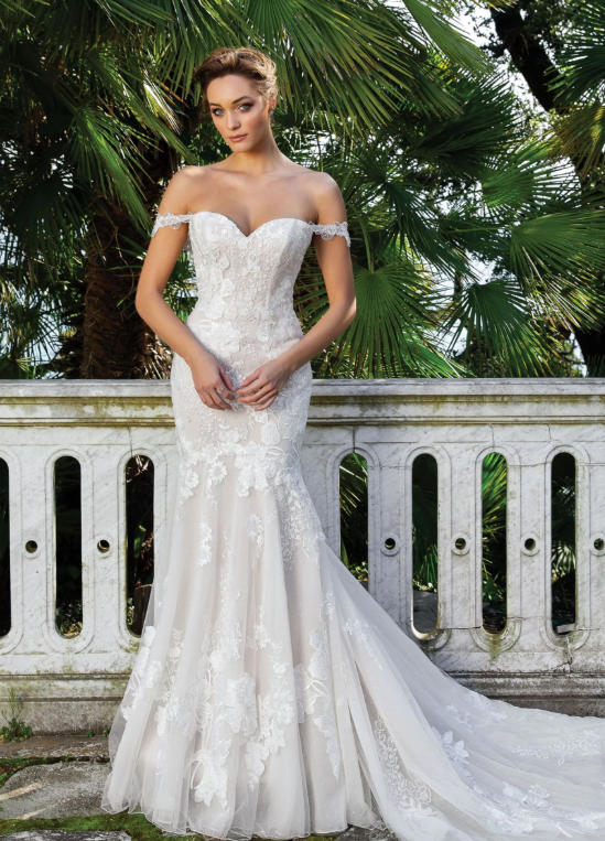 The “Mia” Gown: Romantic Floral Lace Mermaid with a Dramatic Buttoned Train