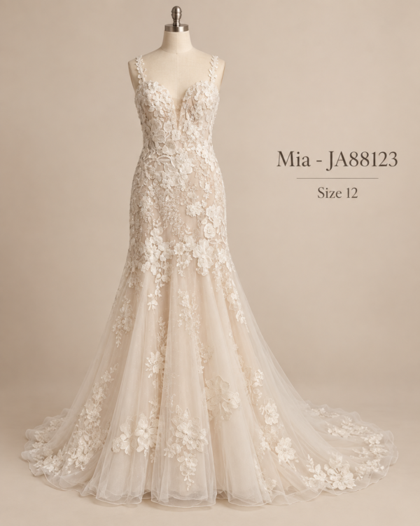 Front view of Mia JA88123 size 12 wedding dress with plunging sweetheart neckline, floral lace bodice and fitted mermaid skirt