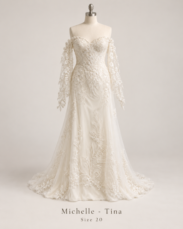 Front view of Tina Michelle size 20 wedding dress with off-the-shoulder sweetheart neckline, lace sleeves and embroidered A-line skirt