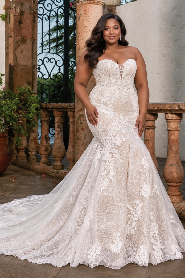 The “Milly” Gown by Lo’Adoro: Romantic Lace A-Line with a Sparkling Sequin Under-Layer