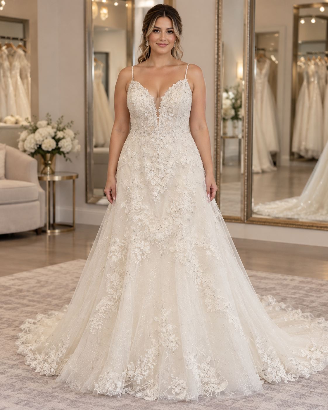Bride wearing LoAdoro Milly M746 size 18 wedding dress with lace bodice, sequin under-layer and flowing A-line skirt