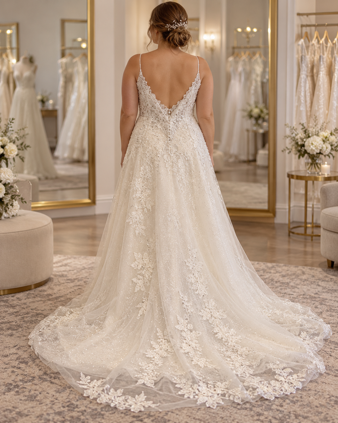 Bride wearing LoAdoro Milly M746 size 18 wedding gown showing deep V-back and lace-edged sparkling train
