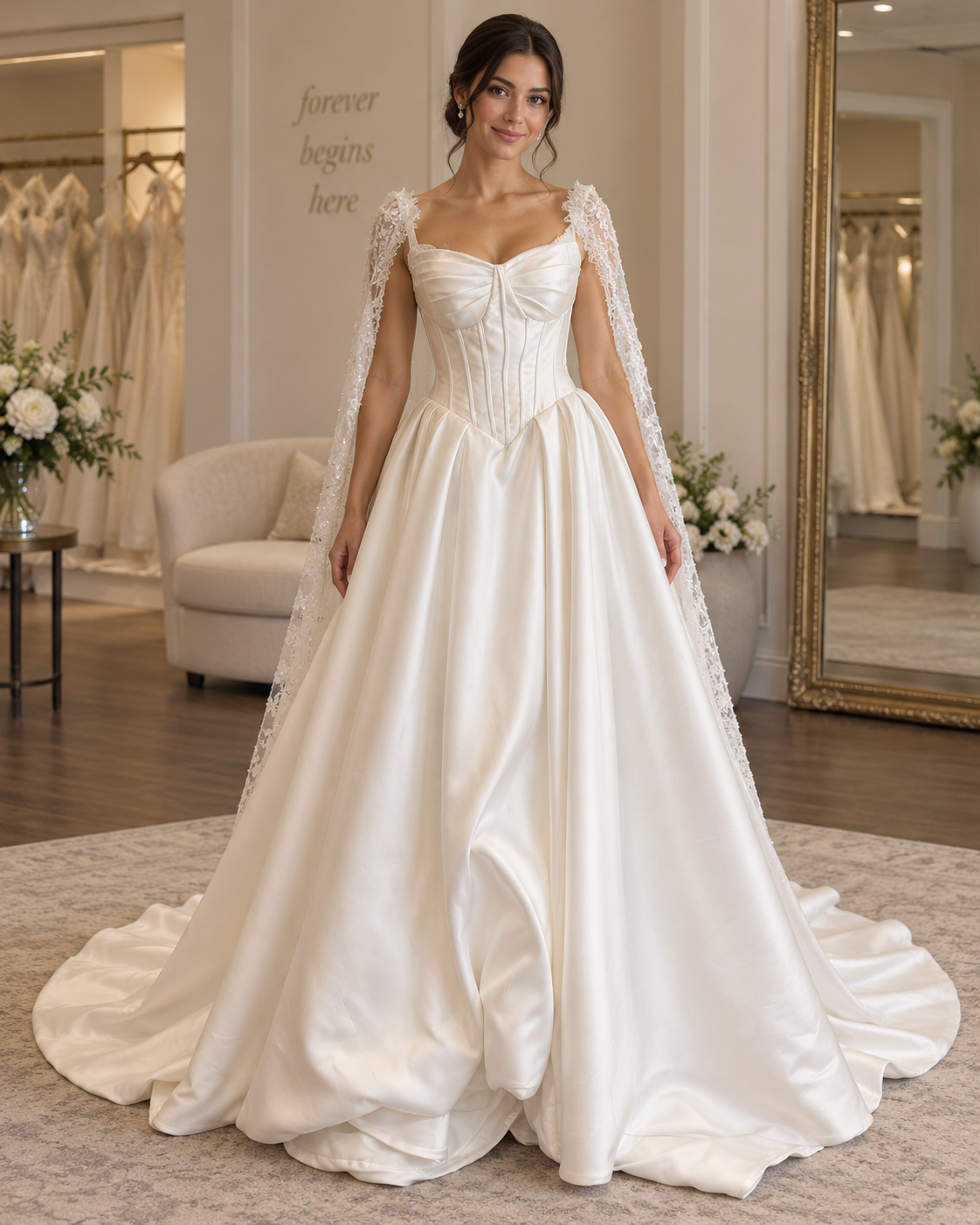 Bride wearing Monique size 8 satin wedding gown with structured corset bodice, lace cape sleeves and full ball gown skirt
