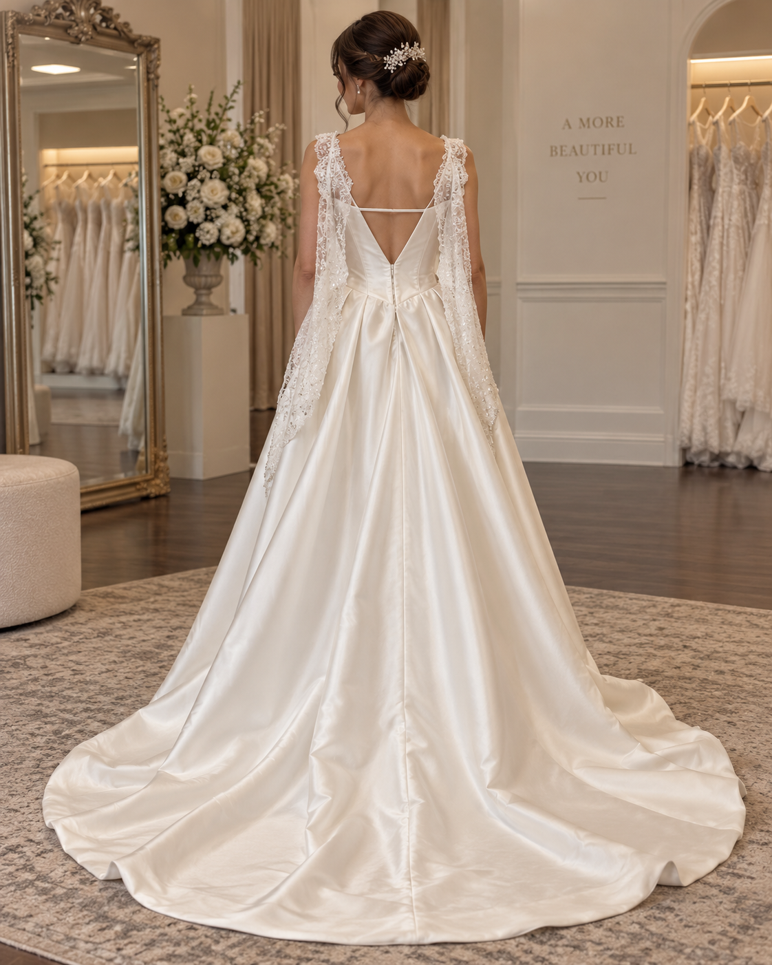 Back view of bride wearing Monique size 8 wedding gown showing open back, lace sleeves and full satin train