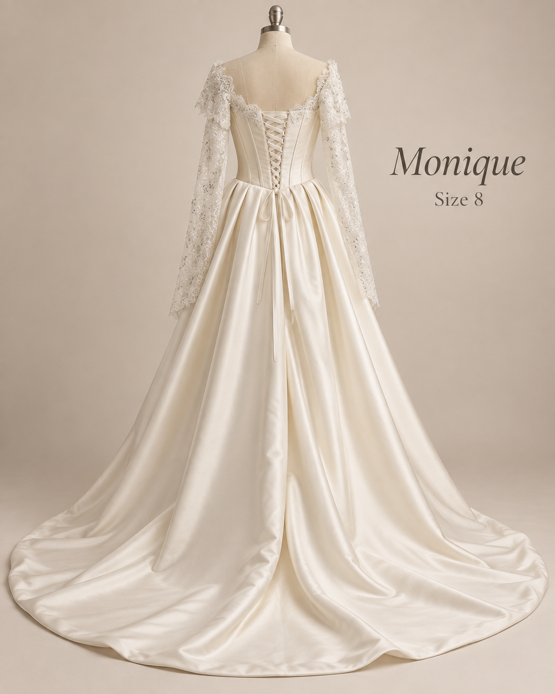 Back mannequin view of Monique size 8 bridal gown with corset lace-up back, lace sleeves and voluminous satin skirt