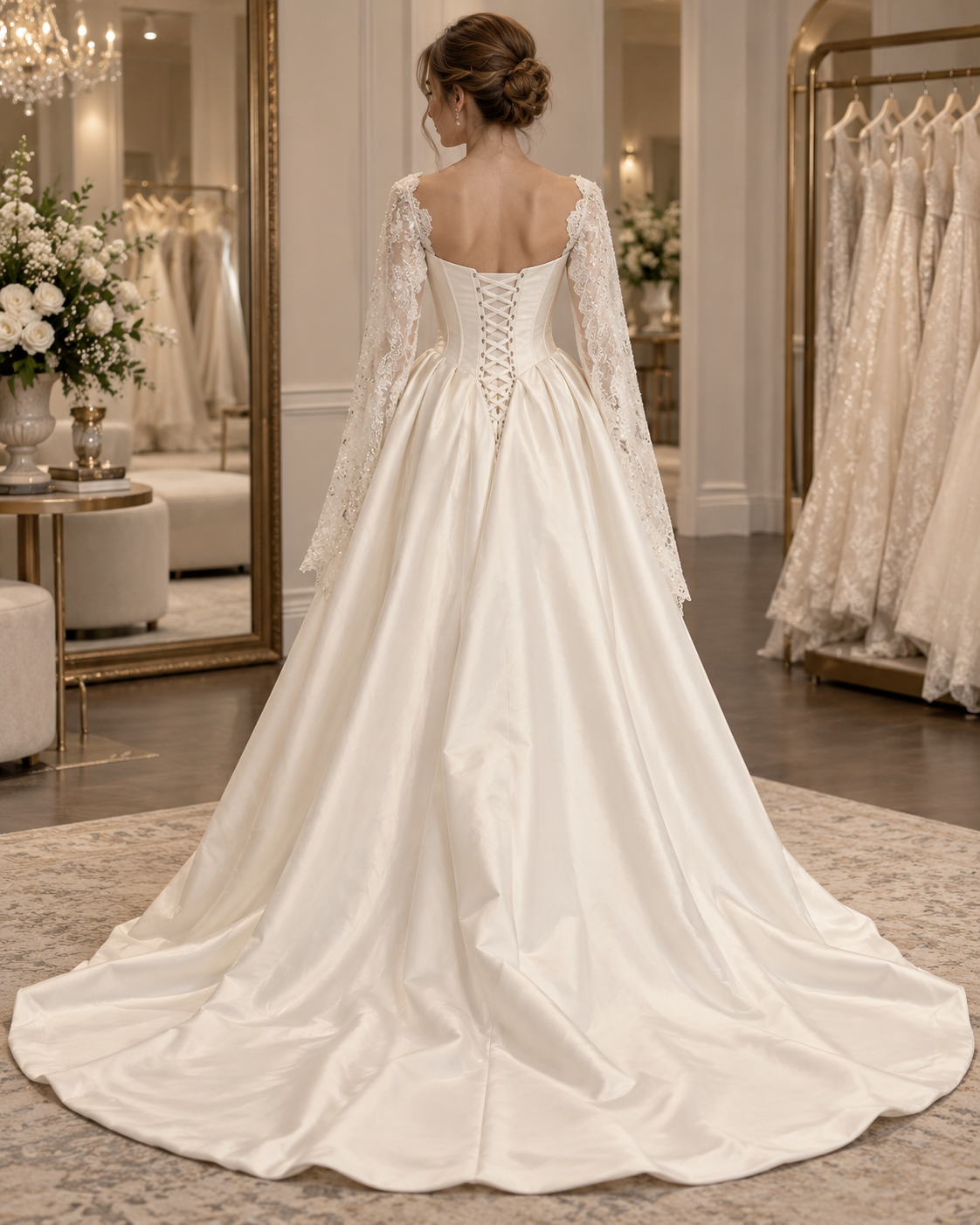 Bride wearing Monique size 8 wedding dress from the back with corset bodice, long lace cape sleeves and sweeping train