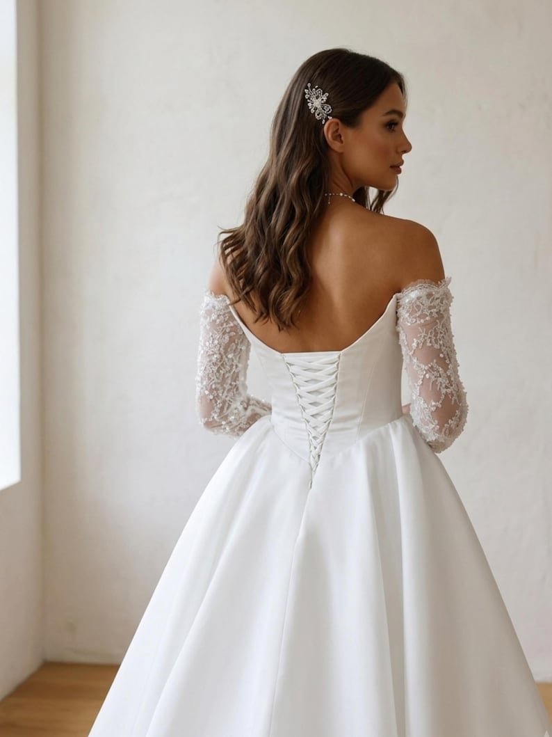 The “Monique” Wedding Gown: Satin Ball Gown with Corset Bodice & Lace Cape Sleeves - Image 3