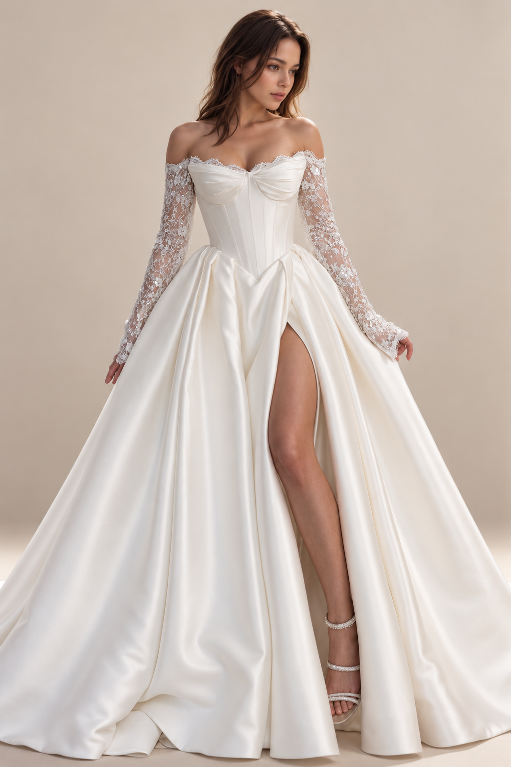 The “Monique” Wedding Gown: Satin Ball Gown with Corset Bodice & Lace Cape Sleeves - Image 2