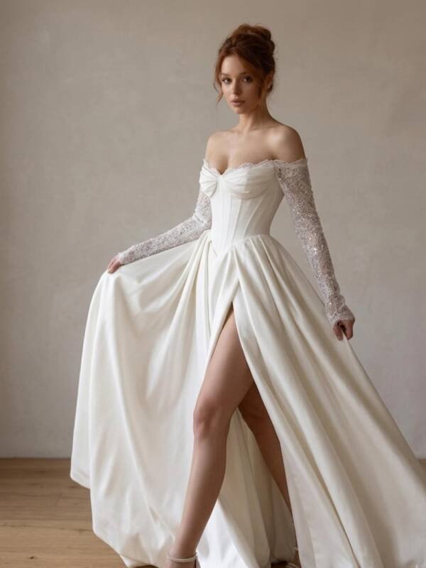The “Monique” Wedding Gown: Satin Ball Gown with Corset Bodice & Lace Cape Sleeves