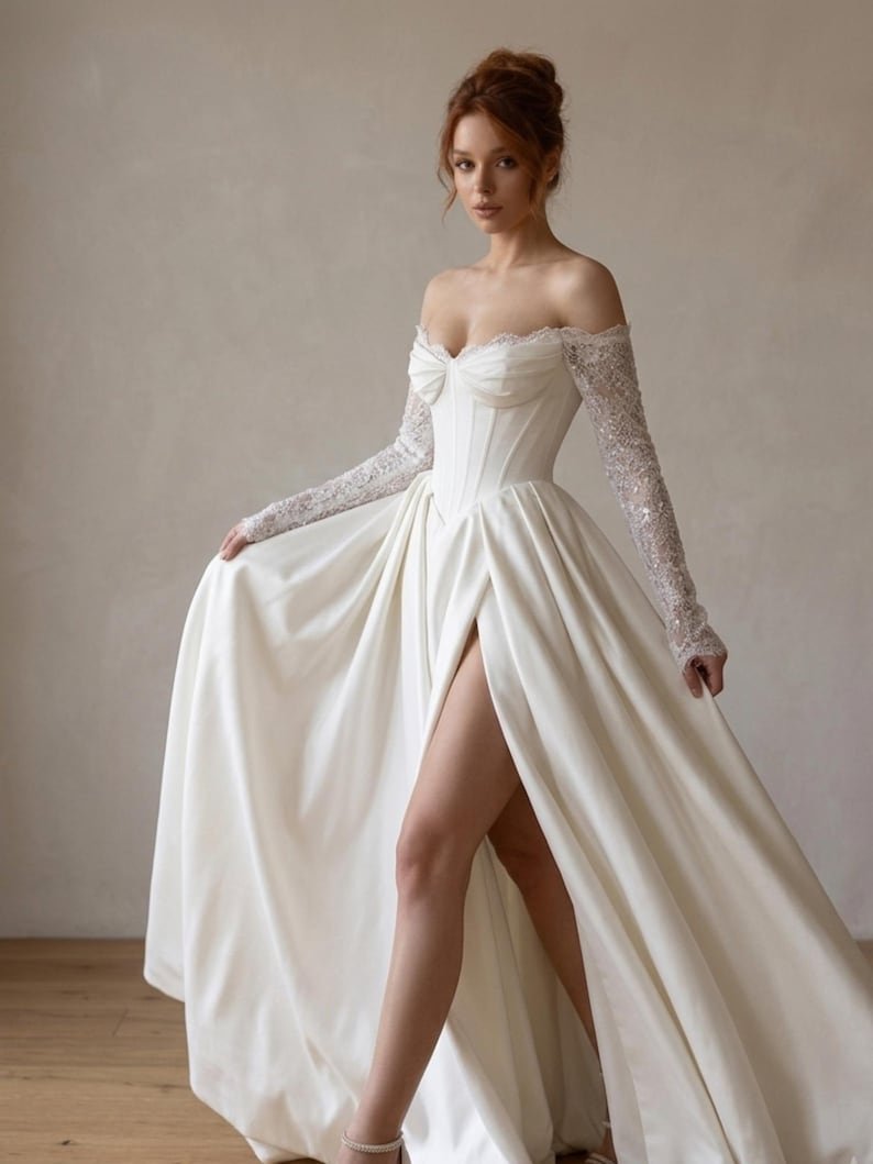 The “Monique” Wedding Gown: Satin Ball Gown with Corset Bodice & Lace Cape Sleeves