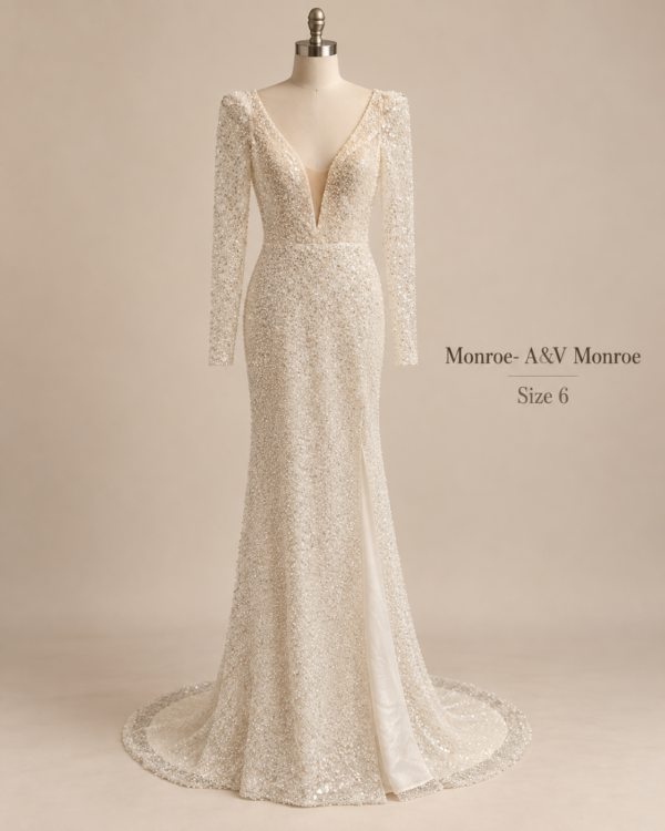 Front mannequin view of Monroe A&V size 6 fully beaded long sleeve wedding dress with plunging V neckline and front slit