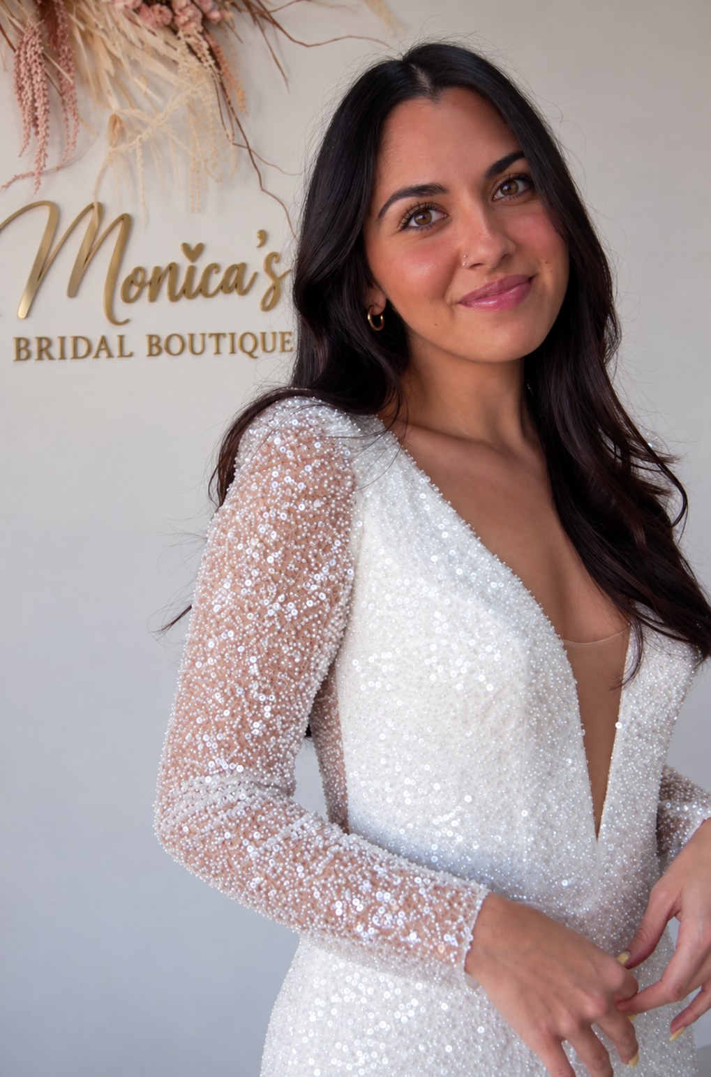Monroe Wedding Dress: Fully Beaded Long Sleeve Gown with Plunging Neckline - Image 3