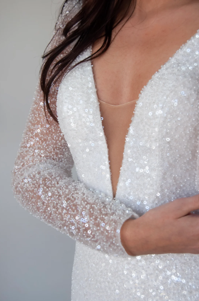 Monroe Wedding Dress: Fully Beaded Long Sleeve Gown with Plunging Neckline