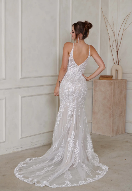 The “Nico” Gown by Madi Lane: Romantic Lace Fit-and-Flare with a Deep V Bodice and Statement Train - Image 4