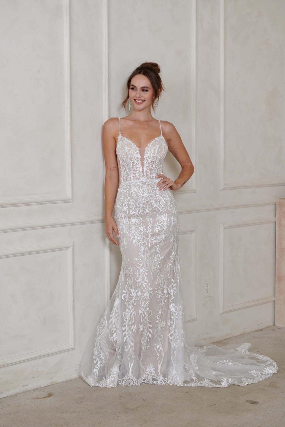 The “Nico” Gown by Madi Lane: Romantic Lace Fit-and-Flare with a Deep V Bodice and Statement Train