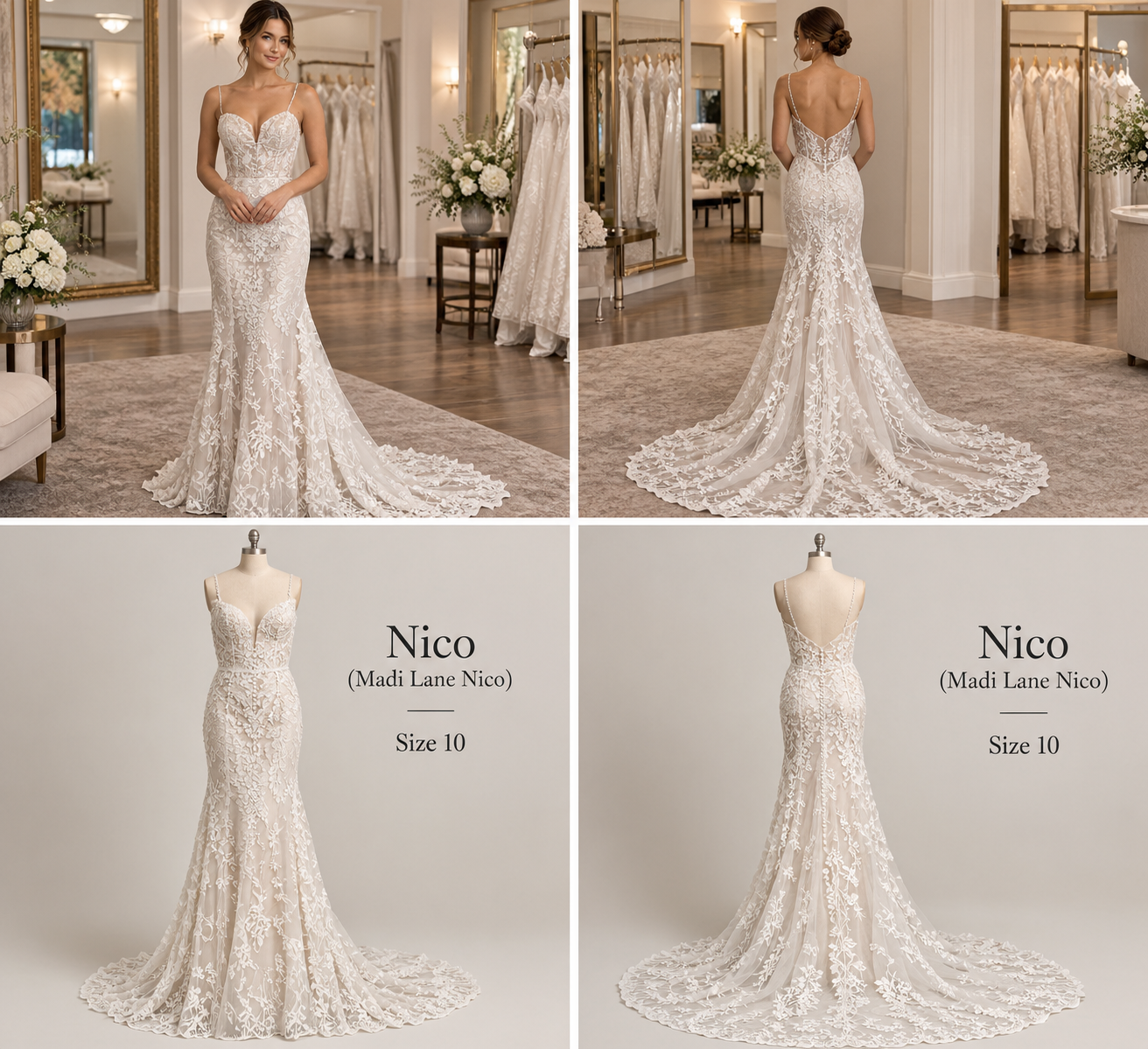 Bride wearing Madi Lane Nico size 10 wedding dress with plunge neckline, intricate lace and fit-and-flare silhouette