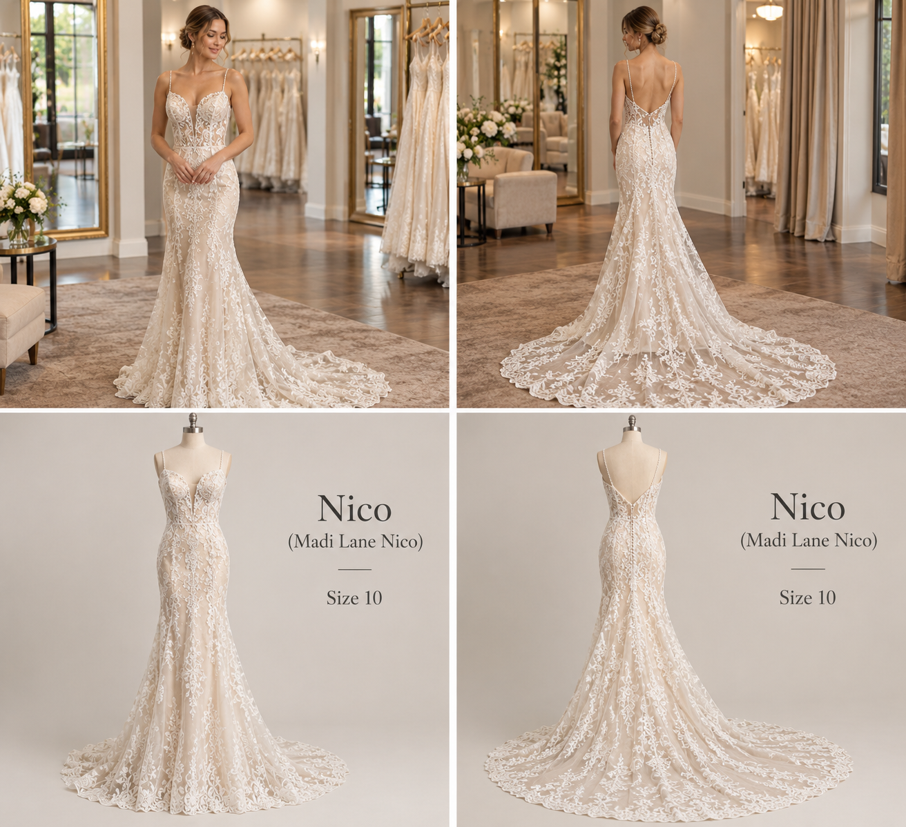 Bride wearing Madi Lane Nico size 10 wedding gown showing low V-back and detailed lace train