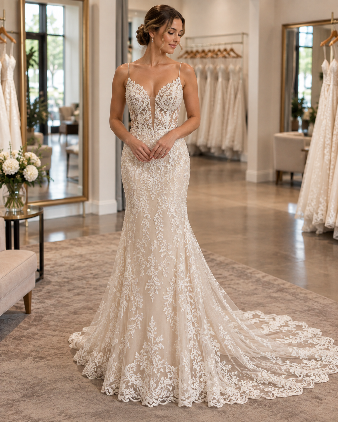 Front view of Madi Lane Nico wedding gown with sheer lace bodice, delicate straps and ivory lace over nude lining