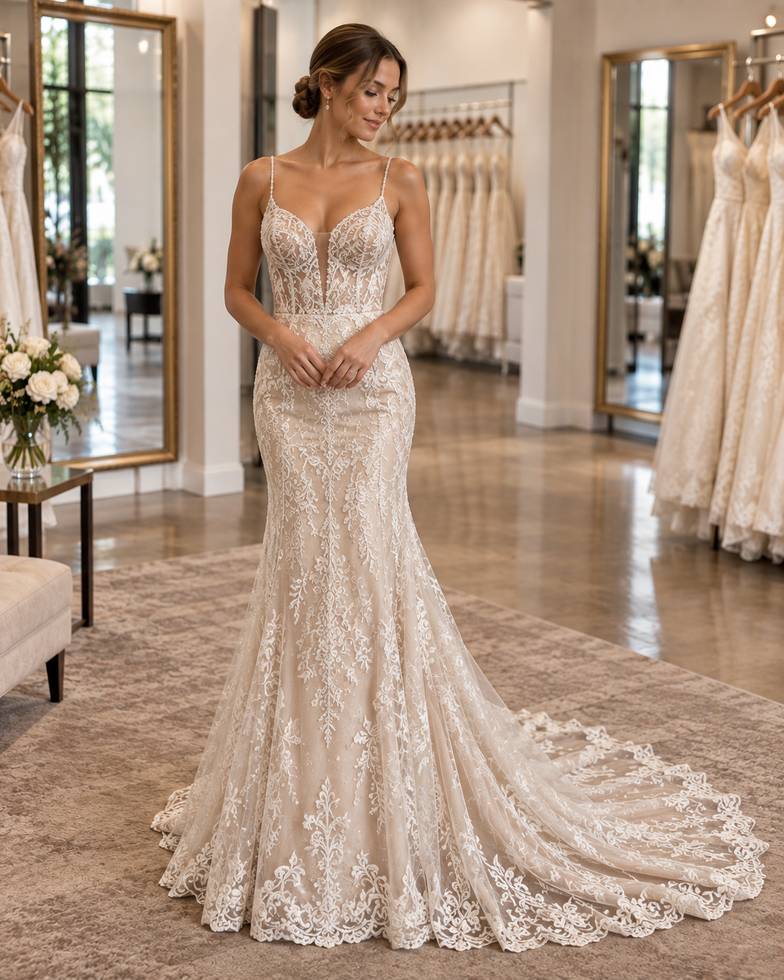 Full-length Madi Lane Nico size 10 wedding dress with fitted lace silhouette and dramatic scalloped train