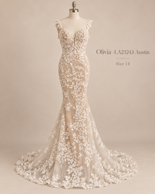 Front view of Austin Olivia LA23243 size 14 wedding dress with plunging illusion neckline, floral lace bodice and crystal under-layer