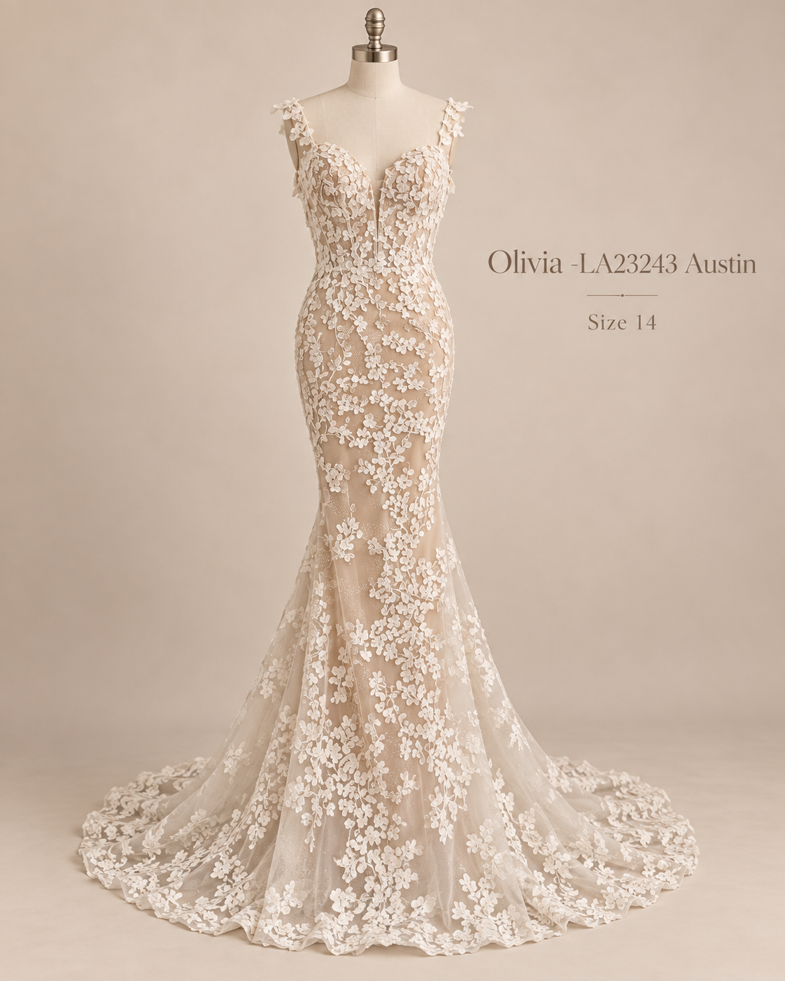 Front view of Austin Olivia LA23243 size 14 wedding dress with plunging illusion neckline, floral lace bodice and crystal under-layer