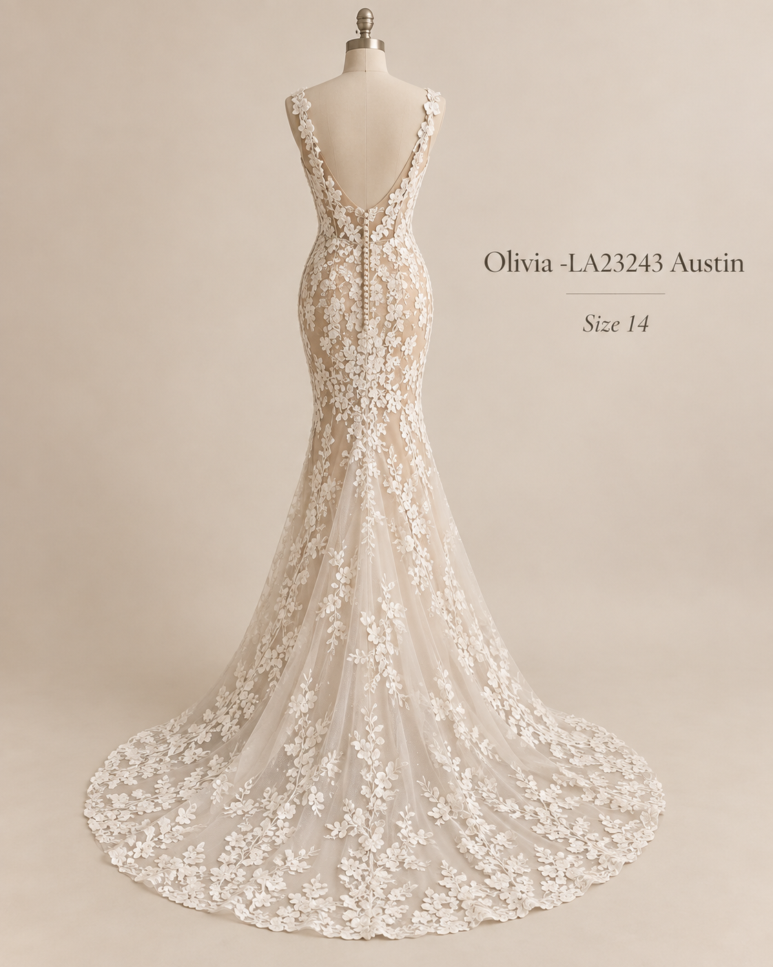 Back view of Austin Olivia LA23243 size 14 wedding gown with deep V-back, covered buttons and floral lace train