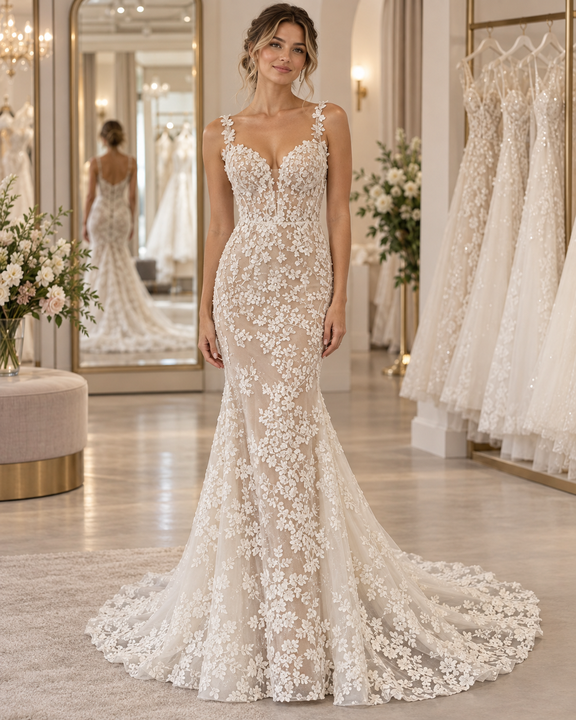 Bride wearing Austin Olivia LA23243 size 14 wedding dress with floral illusion bodice, fitted mermaid silhouette and crystal under-layer