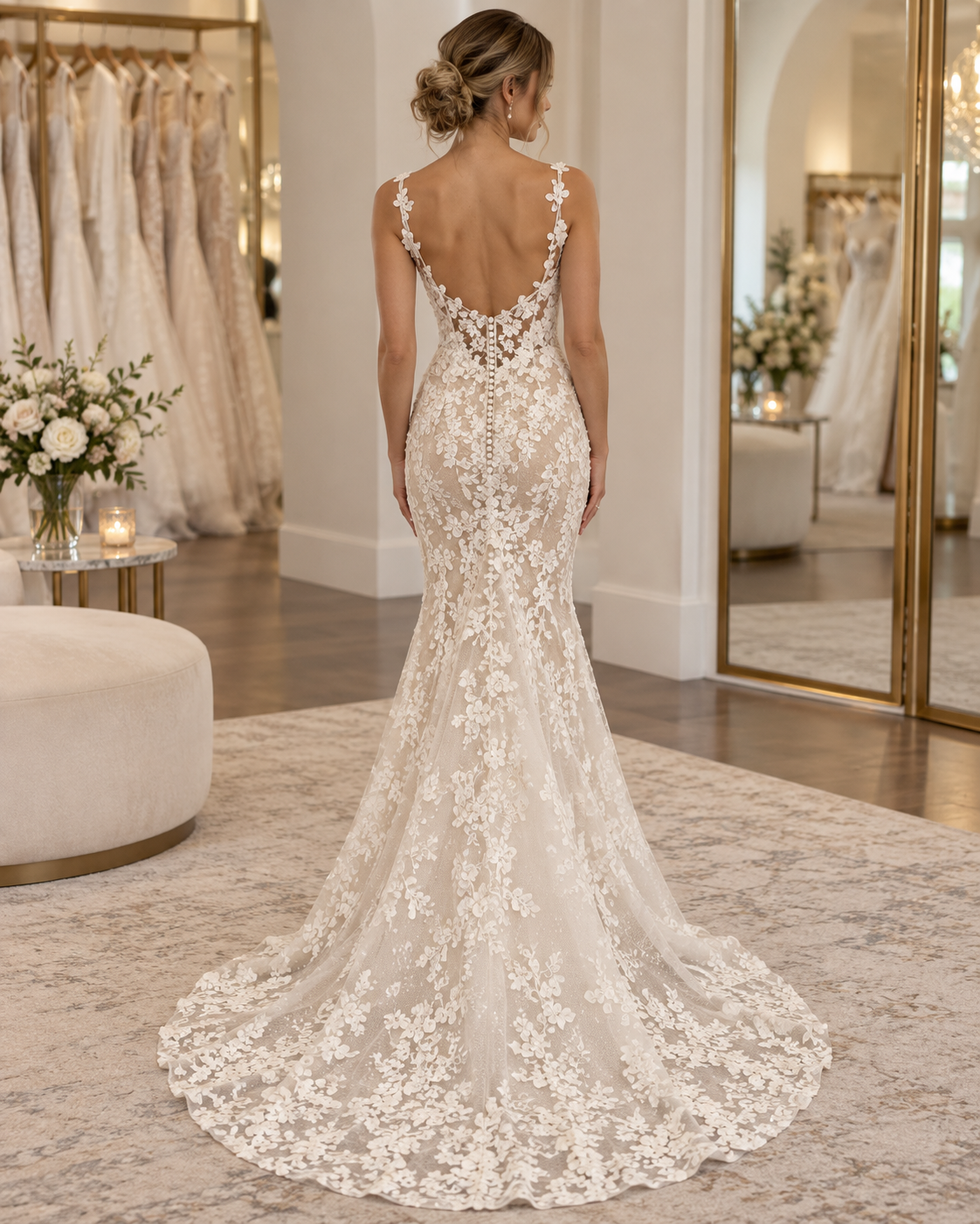Bride wearing Austin Olivia LA23243 size 14 wedding gown showing deep V-back, covered buttons and lace-edged train